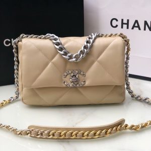 Alternative view of CHANEL 19 HANDBAG Shiny Leather, Gold-Tone, Silver-Tone & Ruthenium-Finish Metal Beige 26x16x9cm