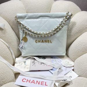 Alternative view of CHANEL 22 SMALL HANDBAG Shiny Calfskin Light Blue 37X35X7cm