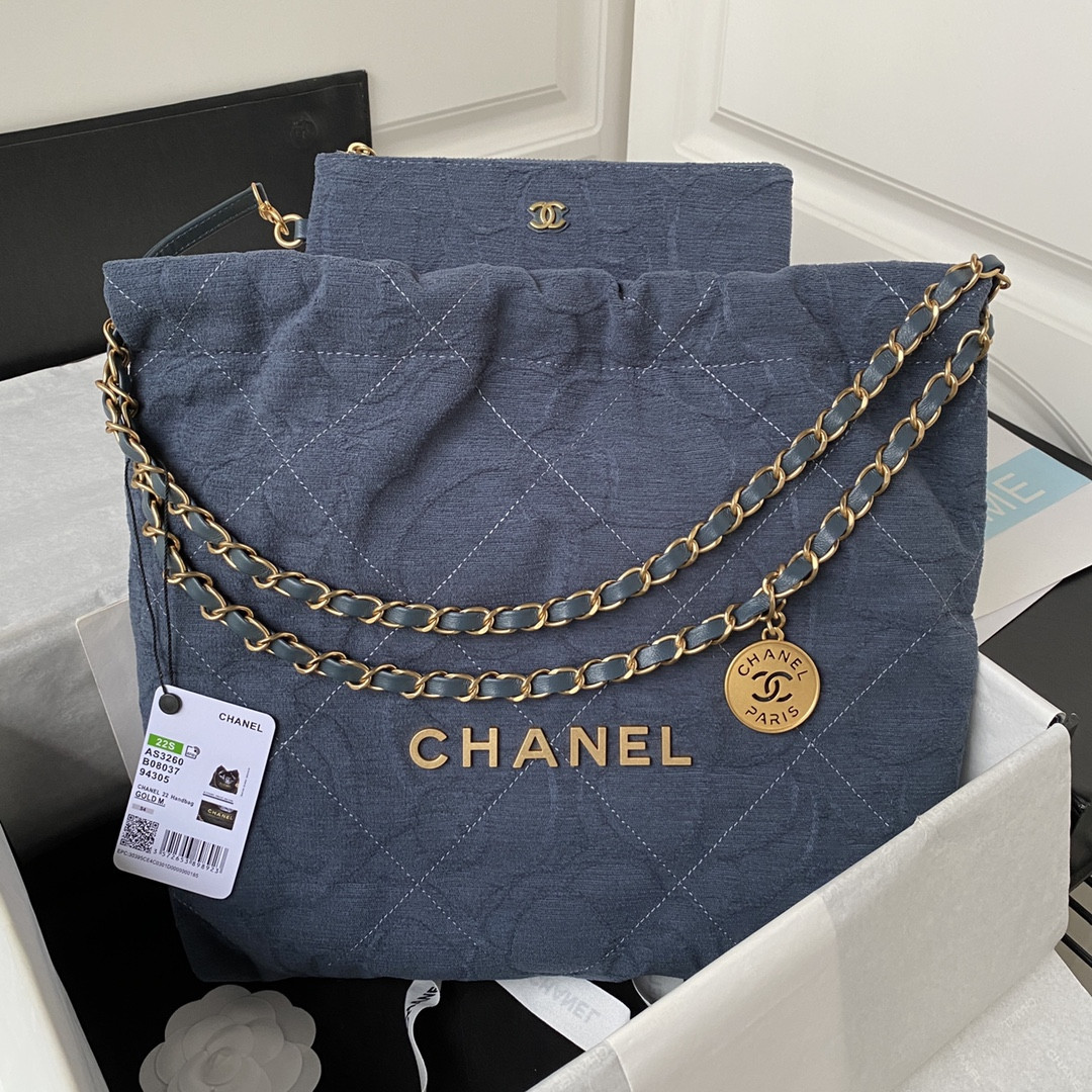 CHANEL 22 SMALL HANDBAG velvet NAVY 13.7¡Á14.4¡Á2.7 in