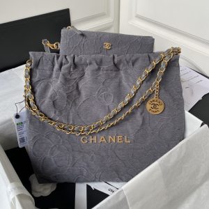 CHANEL 22 SMALL HANDBAG velvet GREY 13.7¡Á14.4¡Á2.7 in