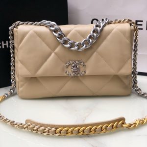 Alternative view of CHANEL 19 HANDBAG Shiny Leather, Gold-Tone, Silver-Tone & Ruthenium-Finish Metal Beige 30x20x10cm