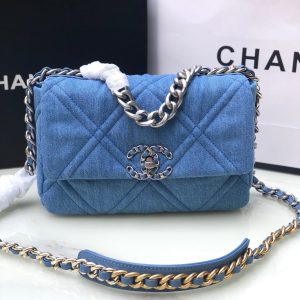 CHANEL 19 HANDBAG, Gold-Tone, Silver-Tone & Ruthenium-Finish Metal Blue 6.2 ¡Á 10.1 ¡Á 3.5 in
