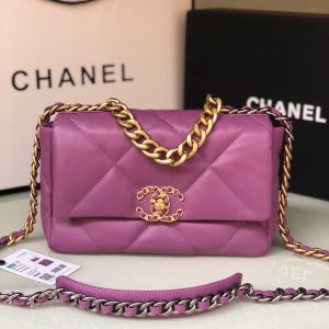 CHANEL 19 HANDBAG Shiny Leather, Gold-Tone, Silver-Tone & Ruthenium-Finish Metal Purple 6.2 ¡Á 10.1 ¡Á 3.5 in