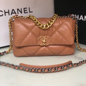 CHANEL 19 HANDBAG Shiny Leather, Gold-Tone, Silver-Tone & Ruthenium-Finish Metal Caramel 6.2 ¡Á 10.1 ¡Á 3.5 in
