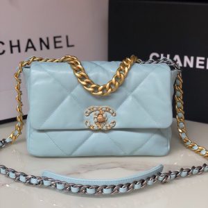 Alternative view of CHANEL 19 HANDBAG Shiny Leather, Gold-Tone, Silver-Tone & Ruthenium-Finish Metal Light Blue 6.2 ¡Á 10.1 ¡Á 3.5 in