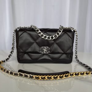 CHANEL 19 LARGE HANDBAG Shiny Leather Black, Gold-Tone, Silver-Tone & Ruthenium-Finish Metal 7.8 ¡Á 11.7 ¡Á 3.9 in