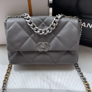 Alternative view of CHANEL 19 LARGE HANDBAG Shiny Leather, Gold-Tone, Silver-Tone & Ruthenium-Finish Metal Gray 7.8 ¡Á 11.7 ¡Á 3.9 in