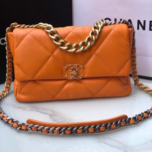 CHANEL 19 LARGE HANDBAG Shiny Leather, Gold-Tone, Silver-Tone & Ruthenium-Finish Metal Orange 7.8 ¡Á 11.7 ¡Á 3.9 in
