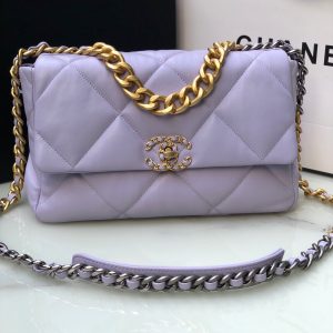 Alternative view of CHANEL 19 LARGE HANDBAG Shiny Leather, Gold-Tone, Silver-Tone & Ruthenium-Finish Metal Purple 7.8 ¡Á 11.7 ¡Á 3.9 in