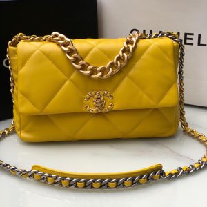 CHANEL 19 LARGE HANDBAG Shiny Leather, Gold-Tone, Silver-Tone & Ruthenium-Finish Metal Yellow 7.8 ¡Á 11.7 ¡Á 3.9 in