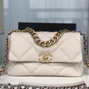 CHANEL 19 LARGE HANDBAG Shiny Leather, Gold-Tone, Silver-Tone & Ruthenium-Finish Metal Beige 7.8 ¡Á 11.7 ¡Á 3.9 in